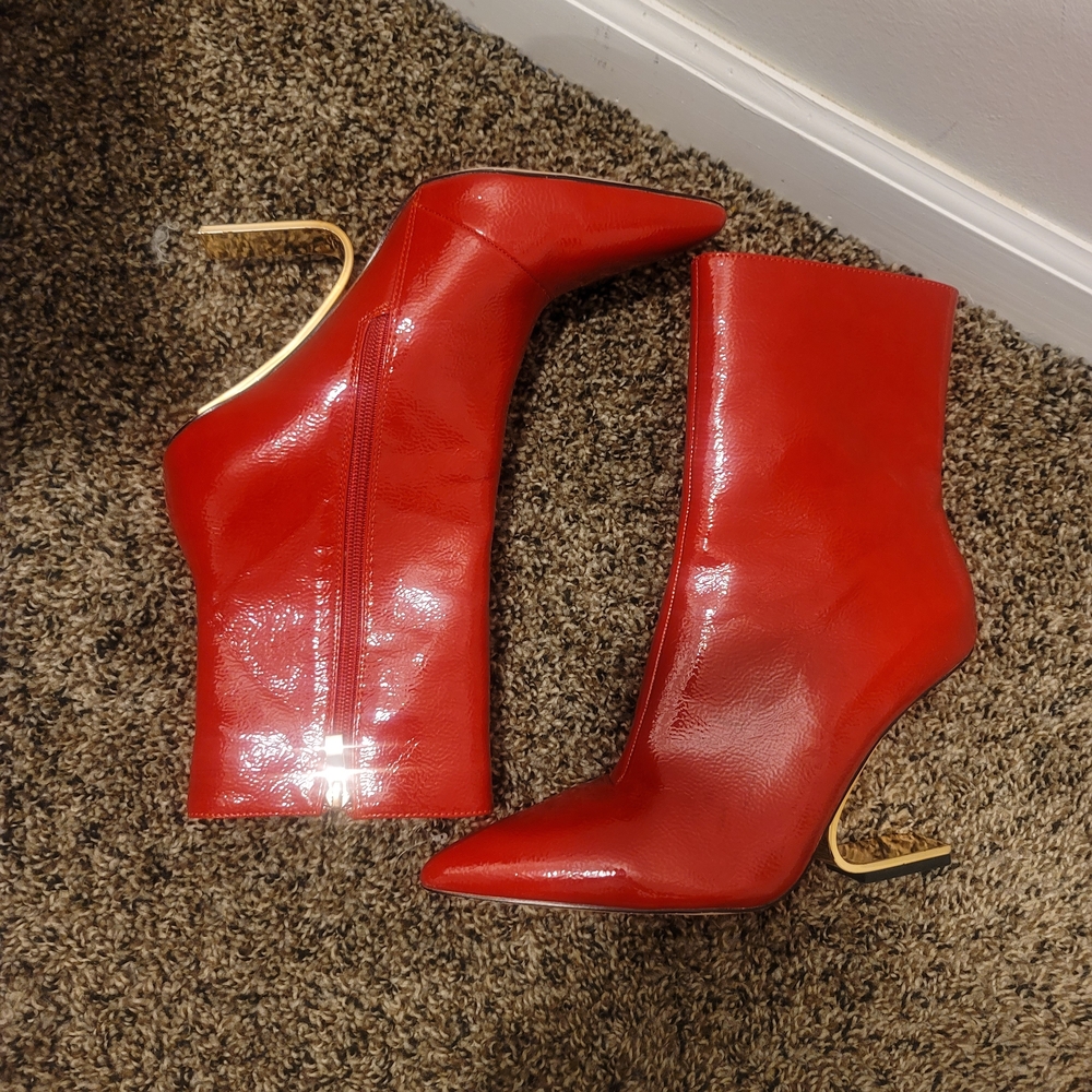 Ninety Scarlet Heeled Boots with Metallic Accents